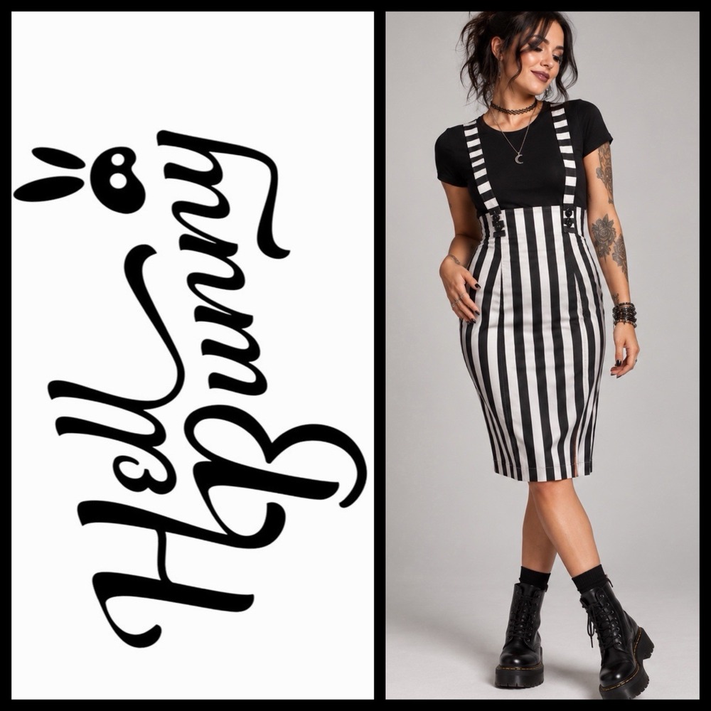 Hell Bunny Otho Black White Suspender Pencil Skirt Sz M High Waist Goth Alt Girl